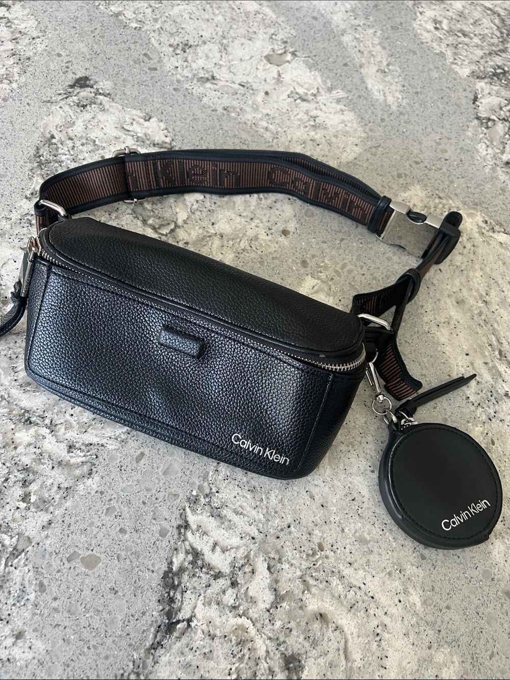 Calvin Klein Black Pebbled Leather Belt Bag with Detachable Coin Pouch